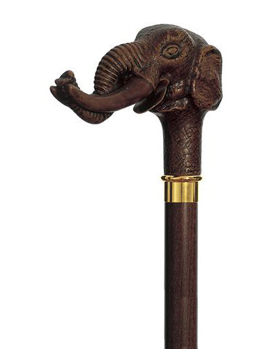 derby shaped brown wood tone elephant shaped handle with brass ring and collar is made in Italy. The handle is molded in cellulose acetate, an extremely durable material for lasting use