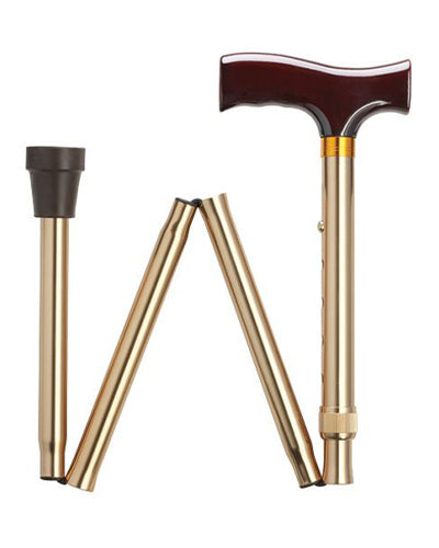 Adjustable folding cane with solid wood Fritz handle and aluminum security nut for added safety.
