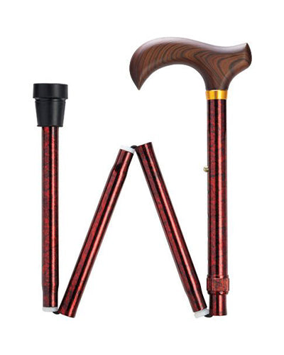 Rich wood grained derby handle walking cane , set on "Granite" tone aluminum folding shaft 