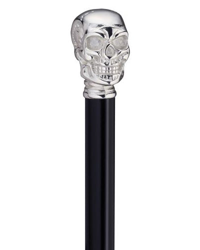 solid brass Skull knob handle with chrome plated finish mounted stylishly on a black lacquered hardwood shaft.
