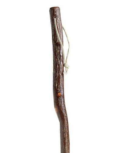 Natural hickory hiking staff with natural bark and leather hand strap; 55" long with rubber tip.