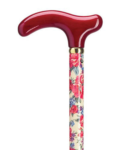 Ladies primrose print on a 35" maple wood shaft with color coordinated burgundy solid wood Fritz handle and brass band.