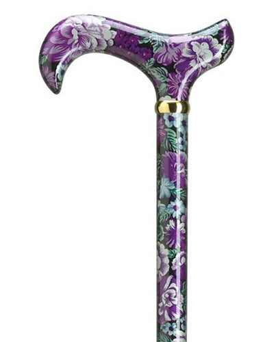 Purple Pansies floral print on derby handle with matching print high gloss hardwood  shaft, 36" long with brass band.