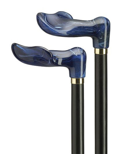 Palm grip acrylic "Titanic" blue handle mounted on a hardwood shaft with a black stain finish set off stylishly with a silver tone ring. 