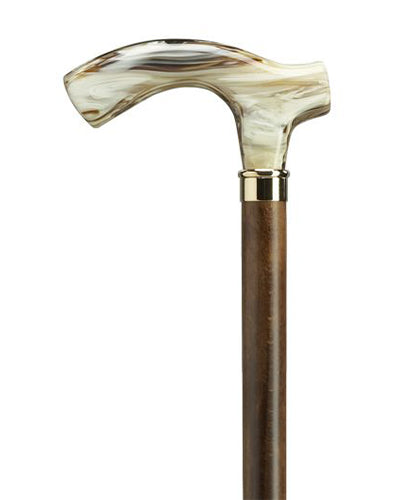 Brown marbleized acrylic Fritz handle mounted stylishly on a hardwood walnut stained shaft.