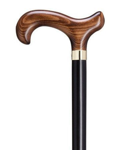 Dark scorched derby handle of maple wood mounted handsomely on a black stained maple wood shaft set off smartly by a brass band