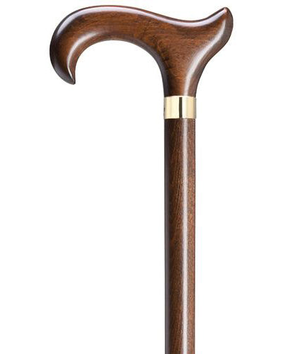  extra wide ergonomic derby handle mounted handsomely on a 42" hardwood shaft with walnut or black stain finish set off smartly with a brass band. 