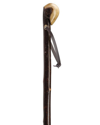 Natural Irish blackthorn walking stick with knob handle, polished natural bark and genuine leather strap; approximately 36" long