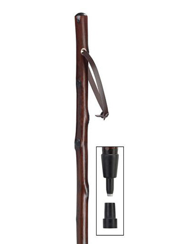 Natural chestnut wood hiking staff, walnut stained, with genuine leather hand strap; approximately 50" long with combi spike tip for use on ice or snow or dirt.
