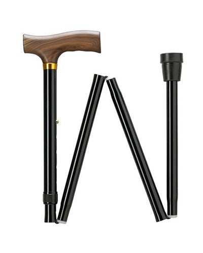 Short aluminum adjustable folding cane with fritz handle with water drop finish.